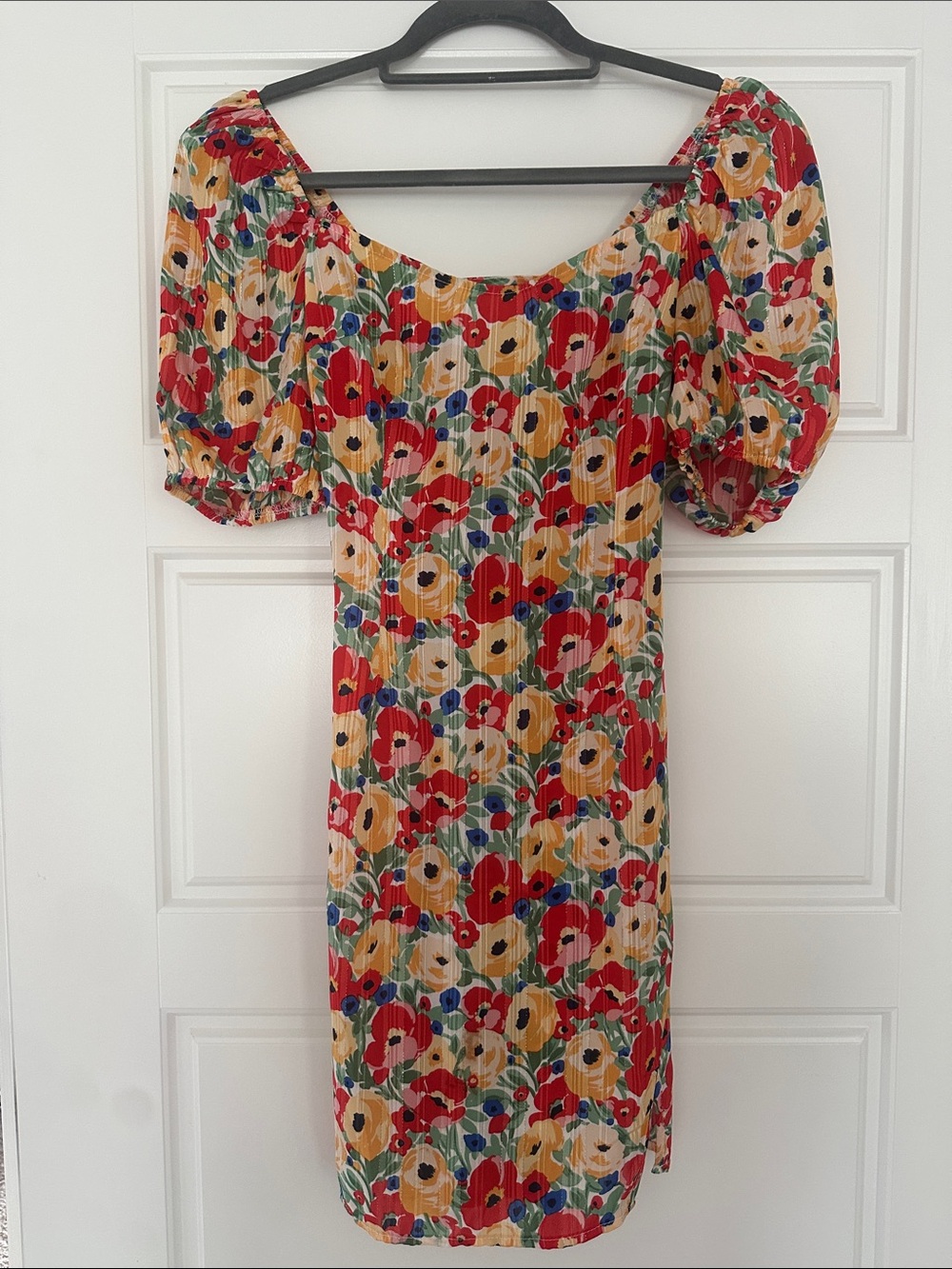 Floral Puff-Sleeve Mini Dress in Red and Yellow